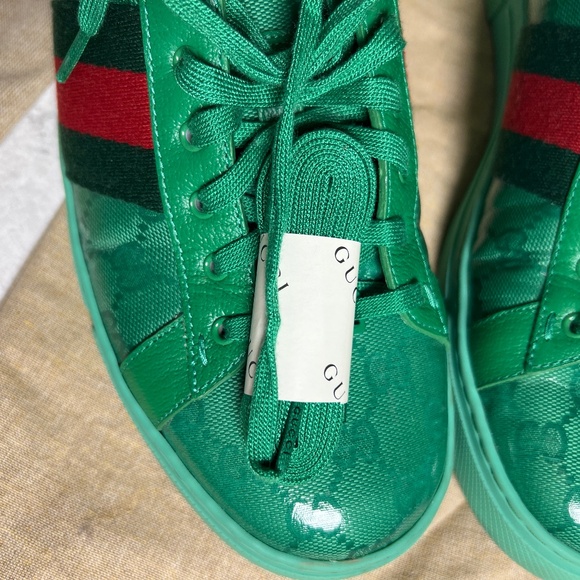 Gucci ACE GG Green Crystal coated canvas trainers. - Picture 9 of 15